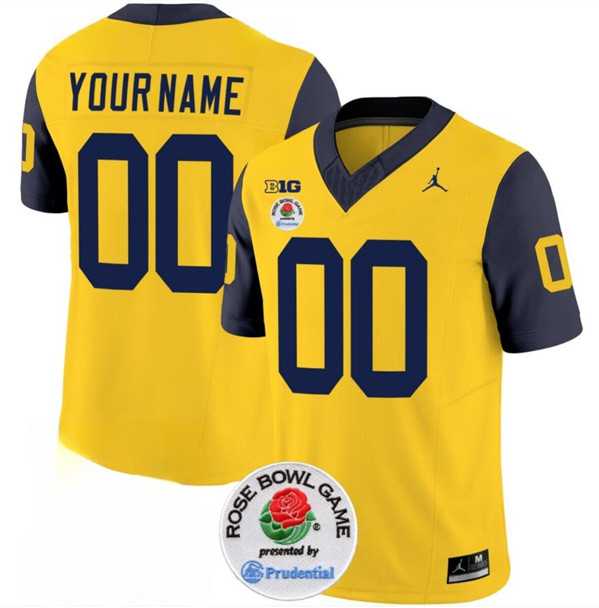 Mens Michigan Wolverines ACTIVE PLAYER Custom 2023 F.U.S.E. Yellow Navy Rose Bowl Patch Stitched Jersey